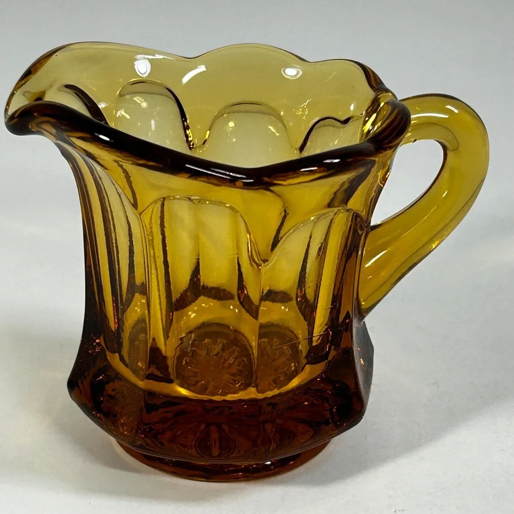 Vintage Amber Glass Creamer Paneled Scalloped Rim Small Pitcher Honey Gold‎
